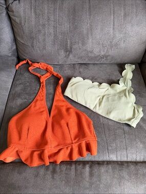 Two-Piece Bikini Tops - Orange Halter & Light Green Scallop One-Shoulder